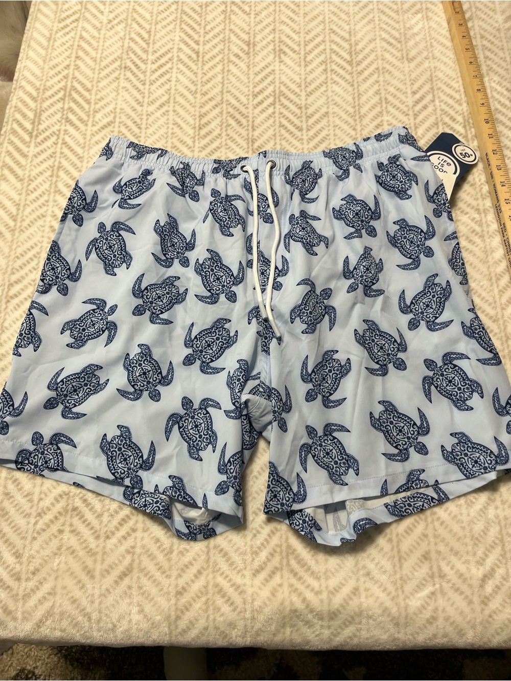 Life Is Good Light Blue Swim Trunks with Navy Turtle Print Large